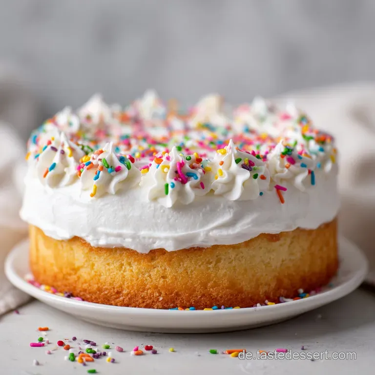 Slice of moist birthday cake with fluffy frosting and rainbow sprinkles, displayed on a decorative plate with a fork.