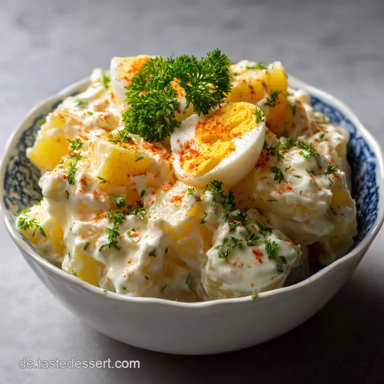 Generous serving of potato salad artfully arranged with halved eggs and a sprinkle of parsley, suggesting freshness. Perfe...