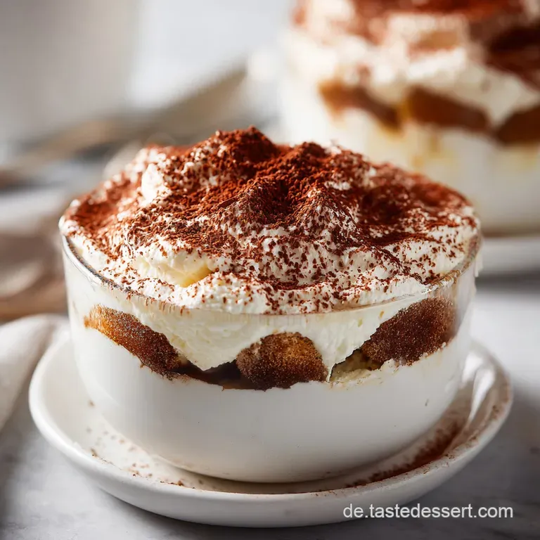 A single slice of Tiramisu on a white plate, delicately sprinkled with cocoa and a fork poised to dig in.
