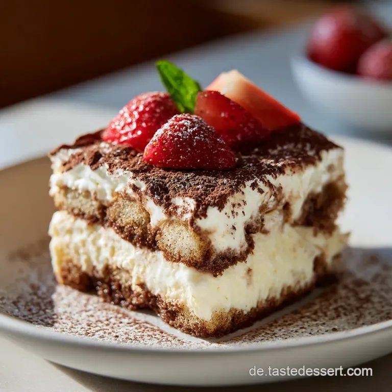 Elegant slice of tiramisu on a white plate, adorned with a delicate cocoa dusting and a mint leaf.