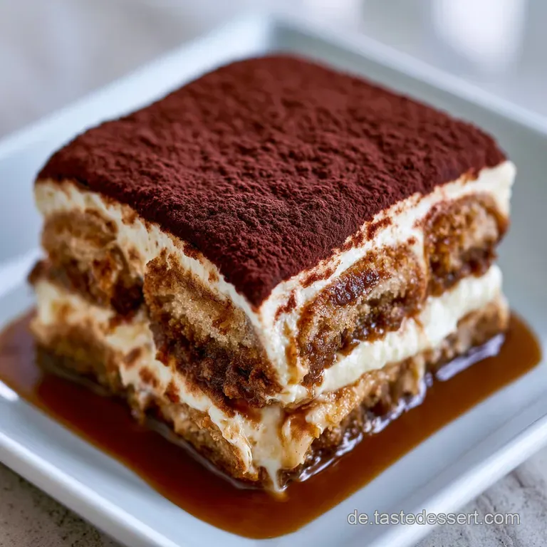 Quadratisch geschnittene Schichten aus hellen Creme- und dunklen Kaffeeschichten auf einem wei&szlig;en Porzellanteller.