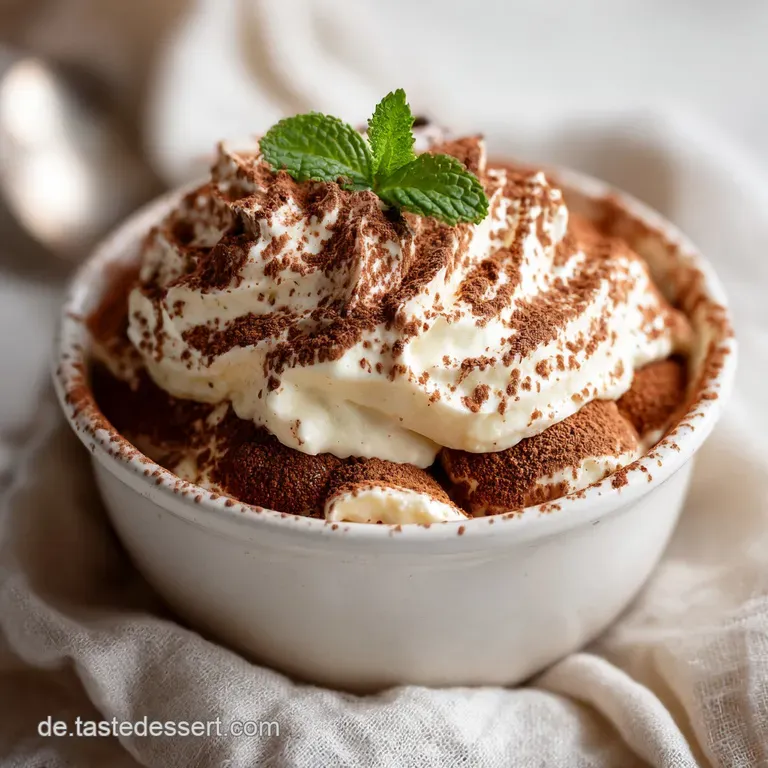 A slice of creamy tiramisu on a white plate, adorned with a delicate dusting of cocoa powder and a single espresso bean.