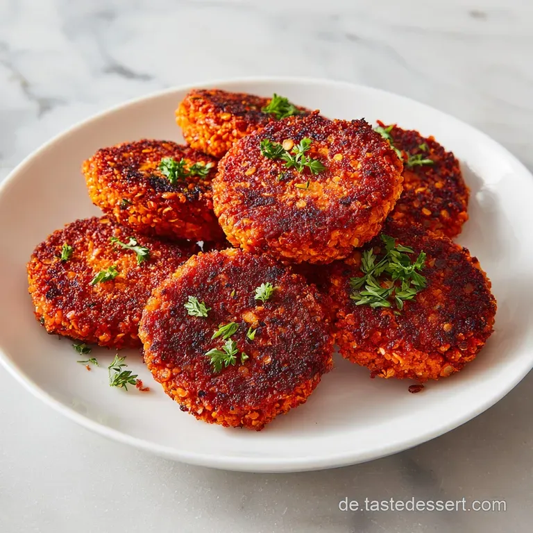 Three perfectly formed lentil patties, artfully arranged with a dollop of vibrant green sauce and microgreens.