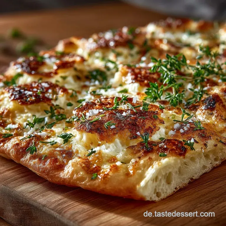 Der Klassiker vom Blech Elsässer Flammkuchen mit Crème fraîche Zwiebeln und Speckwürfeln