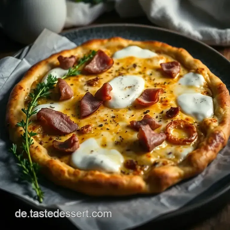 Knuspriger Flammkuchen mit Crème Fraîche und Zwiebeln presentation