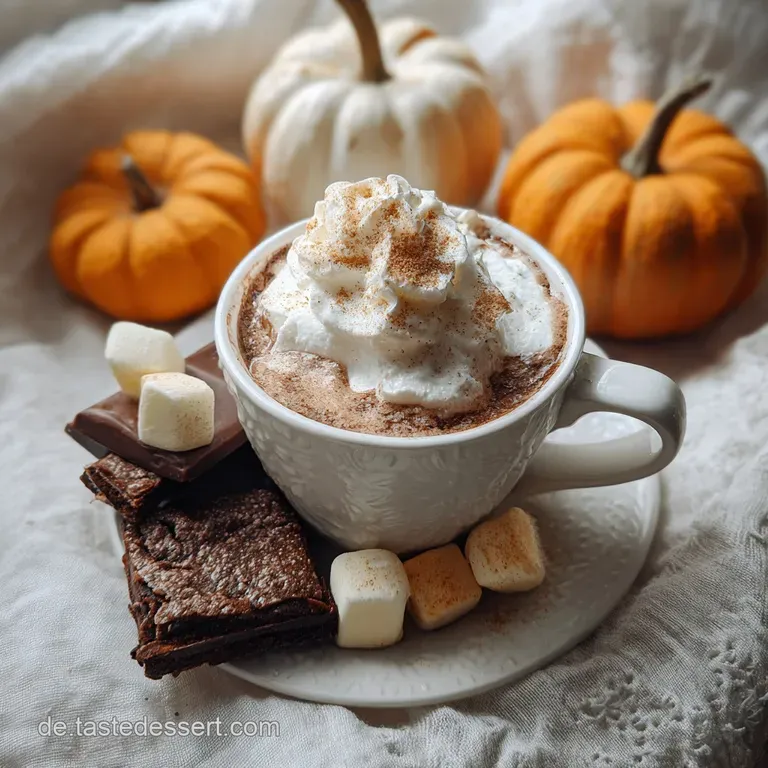 Frothy pumpkin spice hot chocolate served in a clear glass mug, complete with a cinnamon stick and delicate star anise gar...