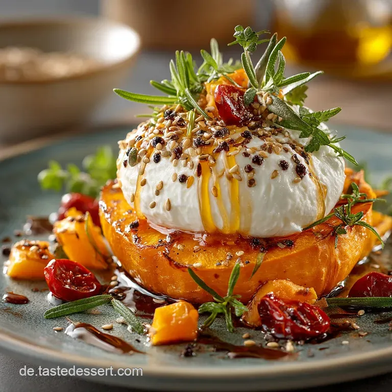 Goldener Herbstgenuss K&uuml;rbisBurrata aus dem Ofen mit NussCrunch