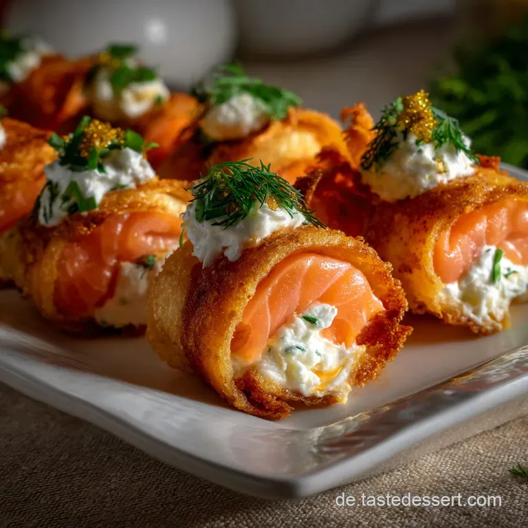 Elegant plate featuring precisely cut salmon rolls with creamy filling. Accented with microgreens and a drizzle of olive oil.
