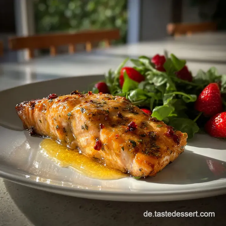 Flaky, golden-glazed salmon glistens on a white plate, vibrant green herbs providing a fresh contrast. A beautiful, delici...
