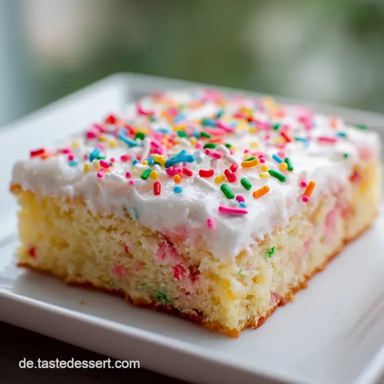 Slice of golden-brown cake with visible fruit, presented on a white plate. Subtle powdered sugar dusting adds a touch of e...