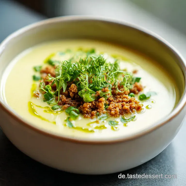 A bowl of leek and ground meat soup, garnished with parsley and a swirl of cream, sits on a wooden table with rustic charm.
