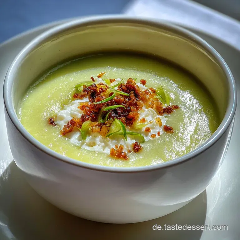 Elegant bowl of leek and ground meat soup, garnished with fresh herbs and a drizzle of cream. Rich and inviting.