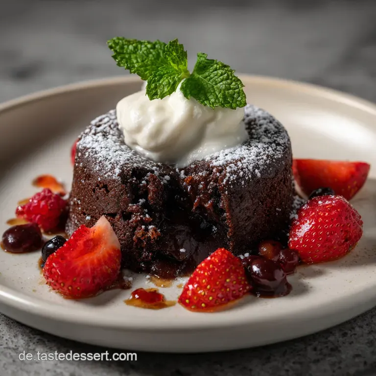 Elegant plate with a single molten chocolate cake, artfully drizzled with sauce and a scoop of vanilla ice cream; a deligh...