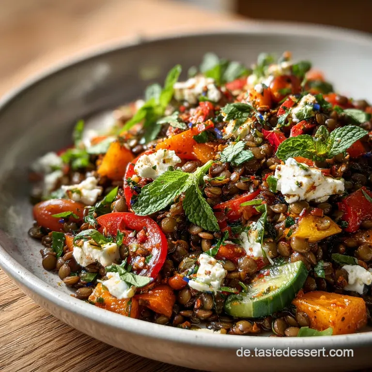 Lentil salad elegantly plated. Feta crumbles dot the surface, highlighting the mix of textures and vibrant green herbs.