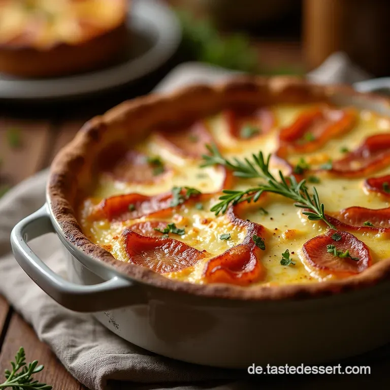 Der Knuspergl&uuml;cksbringer Lowcarb Flammkuchen Gratin Mit Herzhaftem Speck Und Cr&egrave;me Fra&icirc;chehaube presentation