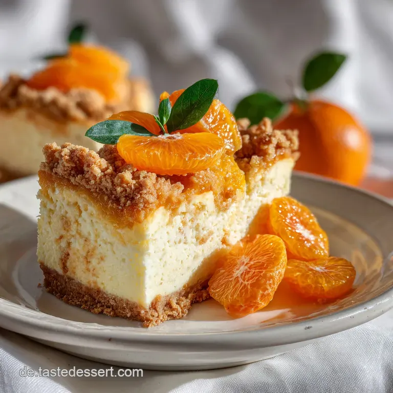 Square slice of cake, displaying layers of creamy filling, fruit, and crumbly streusel topping, served on a white plate. A...