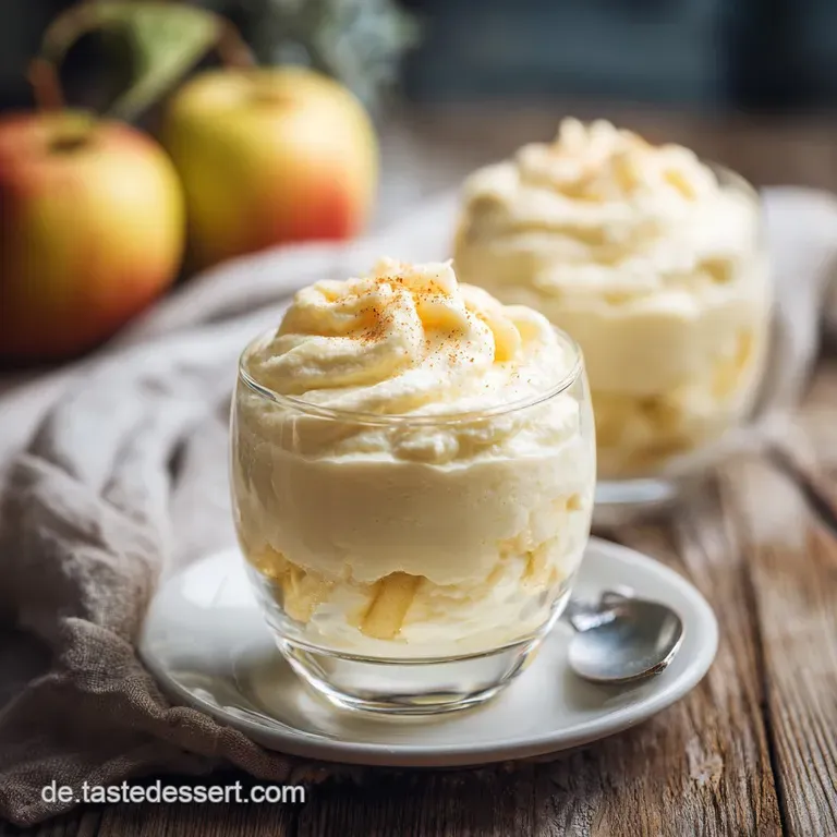 Elegant dessert glass filled with creamy mascarpone, soft caramelized apples. Mint sprig garnish adds a touch of fresh green.