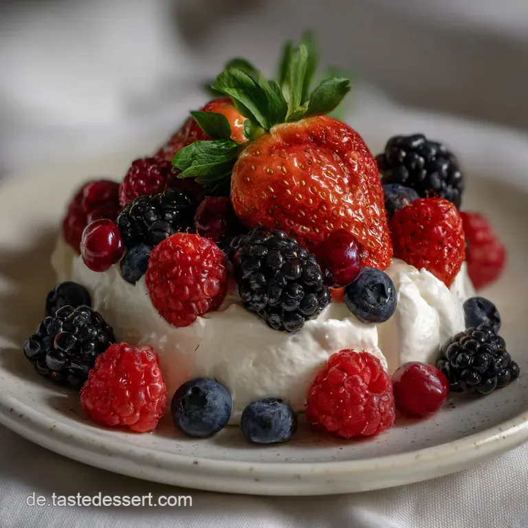 Elegant dessert presentation: smooth, creamy mascarpone with vibrant red berries artfully arranged, creating a beautiful c...