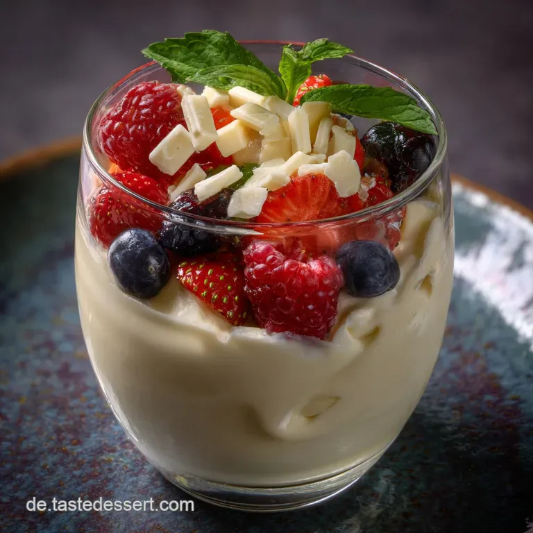 Elegant dessert glasses filled with a swirl of white cream, topped with vibrant red and purple frozen fruit for a refreshi...