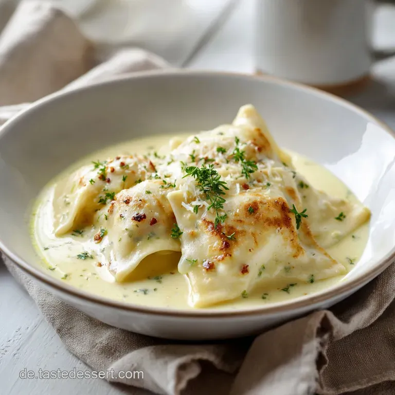 Artfully arranged Maultaschen swimming in a luscious cream sauce, garnished with vibrant chives.