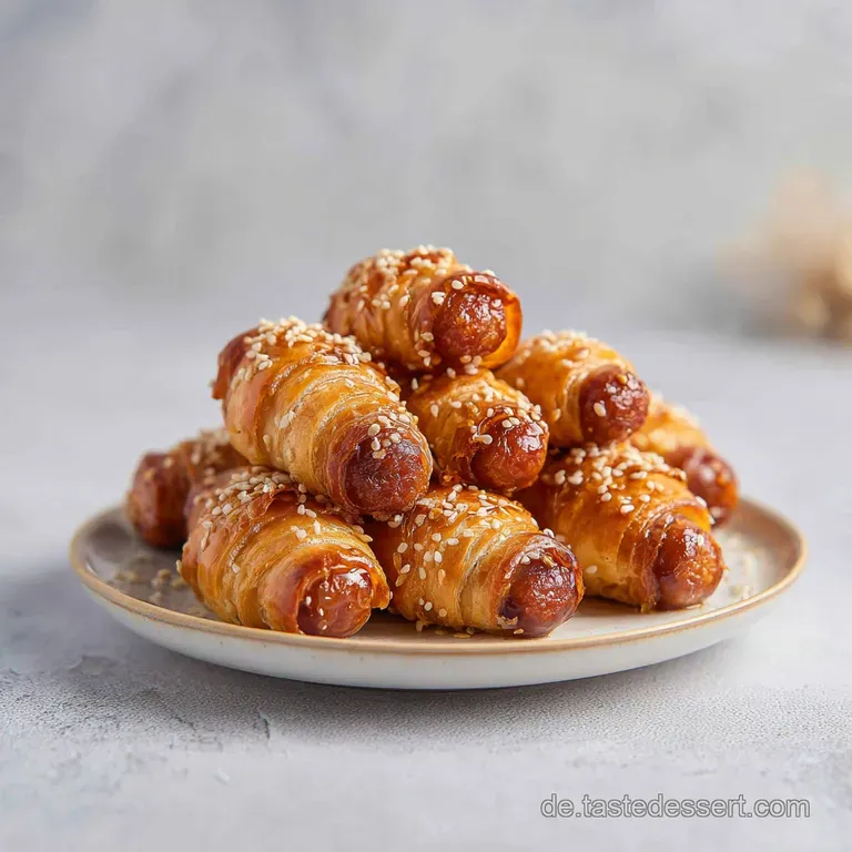 Auf einem hellen Holzbrett angerichtet, kleine goldene Hot-Dogs mit frischen gr&uuml;nen Kr&auml;utern und cremigen Dips.
