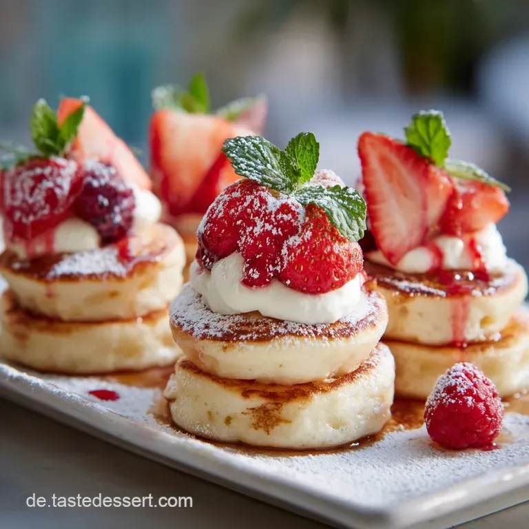 Delicate mini pancakes artfully arranged on a white plate with a side of vibrant mixed berries and a dusting of powdered s...