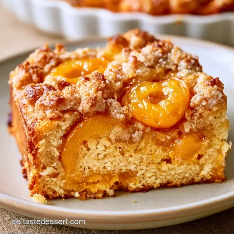 Ein St&uuml;ck goldbrauner Kuchen mit leuchtend gelben Fr&uuml;chten auf einem wei&szlig;en Porzellanteller, elegant angerichtet.