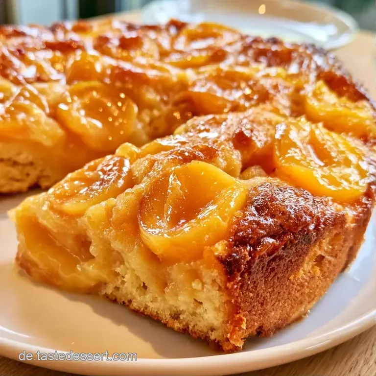 Ein St&uuml;ck gelber Obstkuchen auf wei&szlig;em Porzellan, garniert mit einem Minzblatt, weiches Licht betont den Glanz.