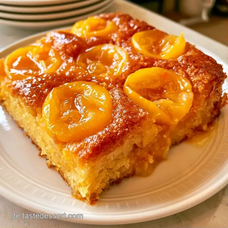Ein St&uuml;ck gelber Fruchtkuchen auf einem wei&szlig;en Porzellanteller, die gl&auml;nzenden Fr&uuml;chte kontrastieren mit dem hellen Teig.