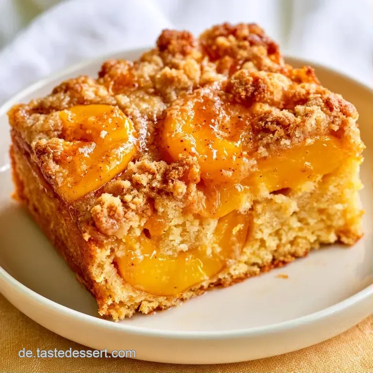 Ein St&uuml;ck goldbrauner Obstkuchen auf wei&szlig;em Porzellan, garniert mit gl&auml;nzenden gelben Fr&uuml;chten und feinen Kr&uuml;meln.