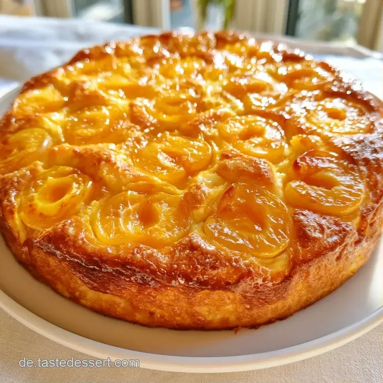Ein St&uuml;ck goldgelber Fruchtkuchen auf einem wei&szlig;en Teller, best&auml;ubt mit Puderzucker und garniert mit einem Minzblatt.