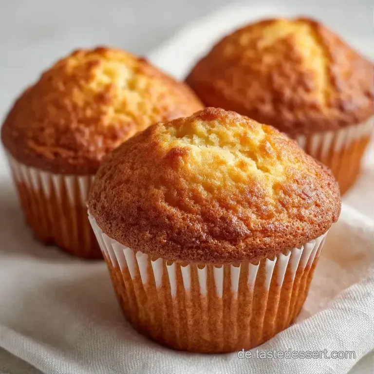 Goldgelbe, fluffige Muffins auf einer rustikalen Holzplatte, garniert mit frischen Beeren und feinem Puderzucker.