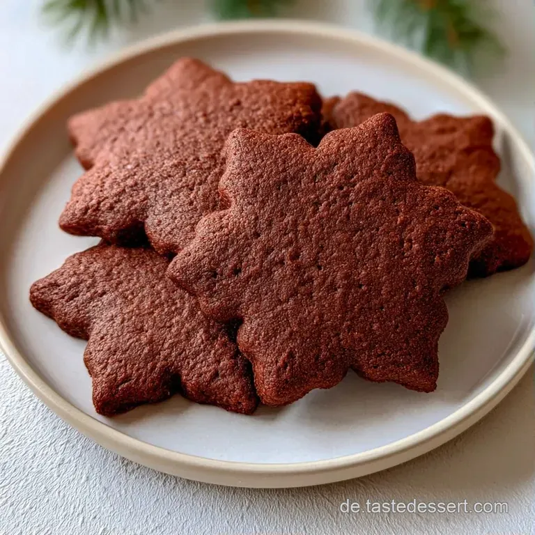 Ein Stapel knuspriger, tiefbrauner Kekse auf einer wei&szlig;en Keramikplatte, erg&auml;nzt durch feine Kakaopulver-Spuren.