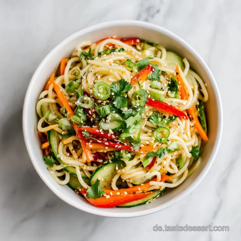 A bright and inviting bowl of noodle salad, garnished with sprigs of dill. The noodles glisten, promising a refreshing bite.