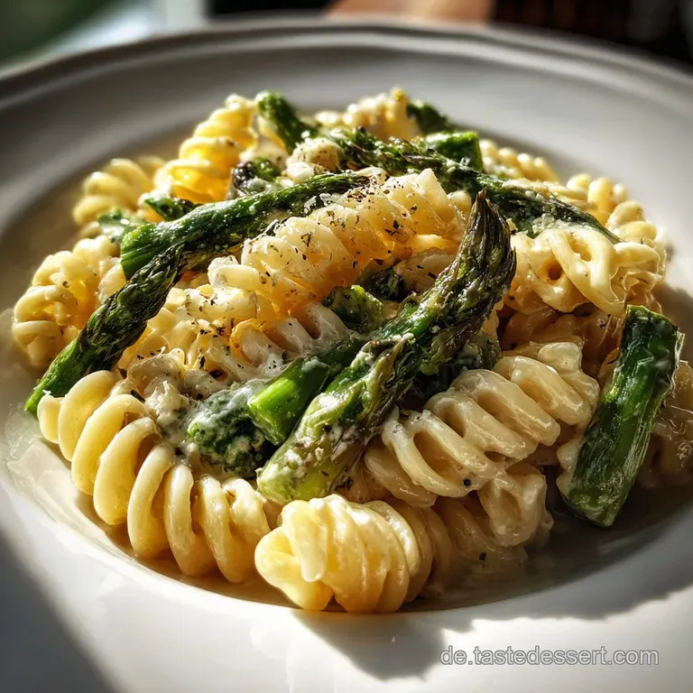 Elegant serving of twirled pasta, tender asparagus, and dollops of creamy cheese, garnished with herbs on a white plate, w...