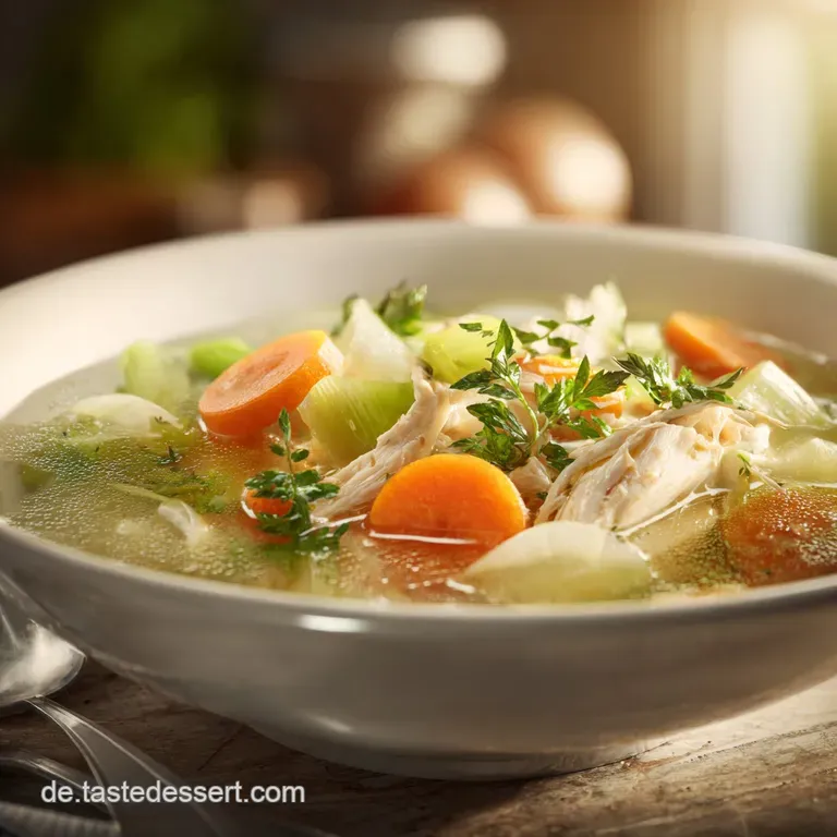 Elegant bowl of clear chicken broth with tender chicken pieces and bright green parsley garnish; comforting and warm.