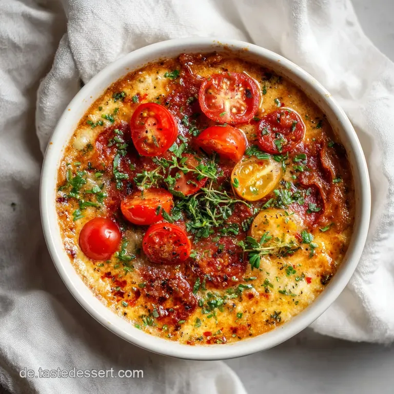 A bowl of rich, red pizza soup with a swirl of cream and a sprinkle of herbs. Ground beef visible amongst melted cheese.