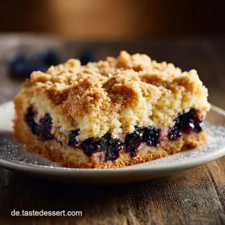 Individual streusel cake slice on a white plate. Crumbling edges and a soft, light interior. Garnished with powdered sugar...