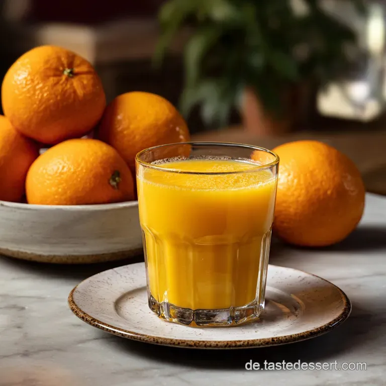 Close-up of freshly squeezed orange juice with visible pulp. The glass sits amongst juicy orange segments and lemon slices.