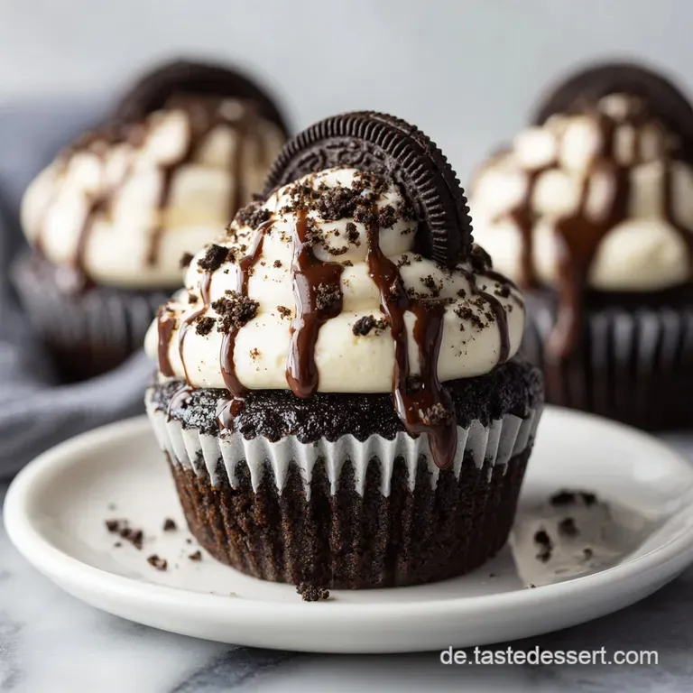 Cupcake with swirl of creamy white frosting, Oreo cookie, and crumbs on a white plate. Inviting and delicious treat.