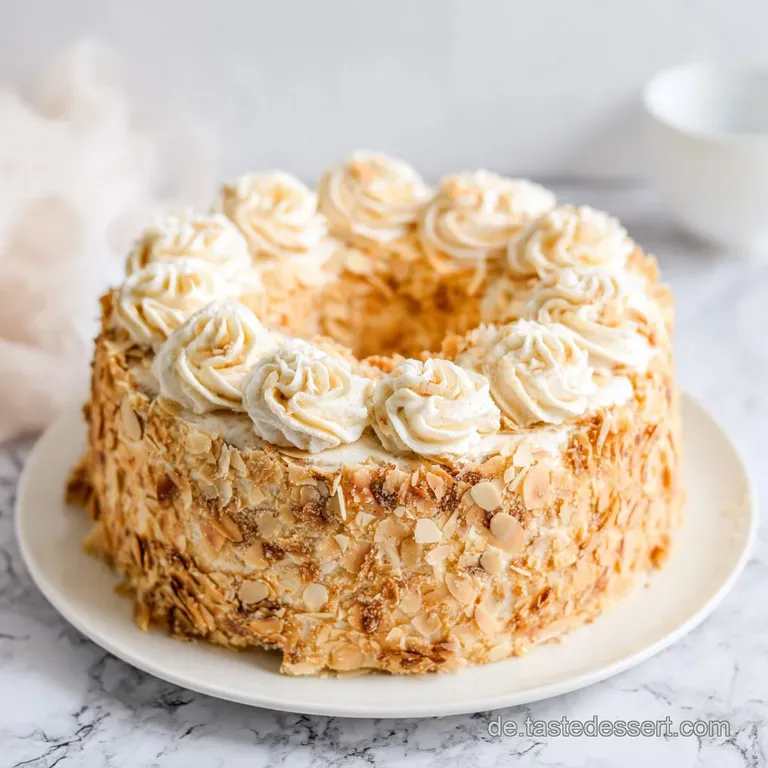 Ein cremewei&szlig;er Ringkuchen auf einer gl&auml;sernen Platte, dekoriert mit zarten Baiser-H&auml;ubchen und roten Kirschen.