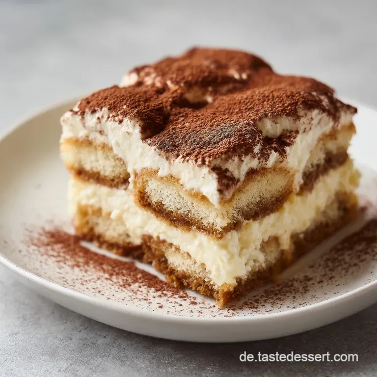 A generous slice of tiramisu on a white plate, with cocoa dusting and a hint of cream peaking through.