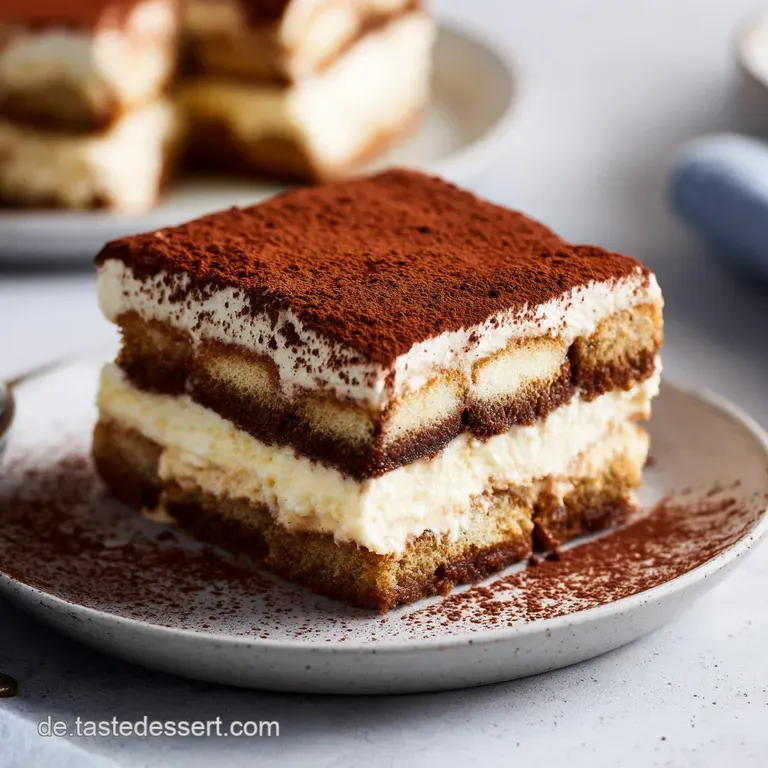 In einer gl&auml;sernen Form geschichtete helle L&ouml;ffelbiskuits und wei&szlig;e Creme, best&auml;ubt mit feinem, dunklem Kakaopulver.