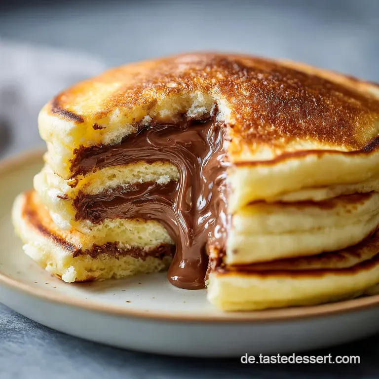 Fluffy Nutella-filled pancakes drizzled with chocolate sauce, artfully plated with fresh strawberries and whipped cream.