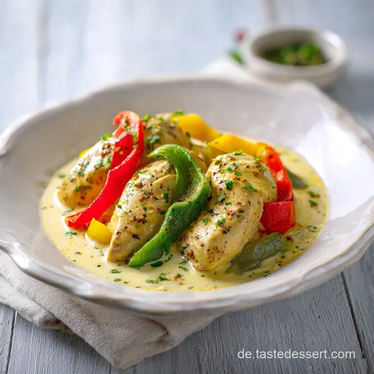 A vibrant plate of creamy paprika chicken, sauce drizzled artfully. Served with parsley-flecked noodles and a bright green...