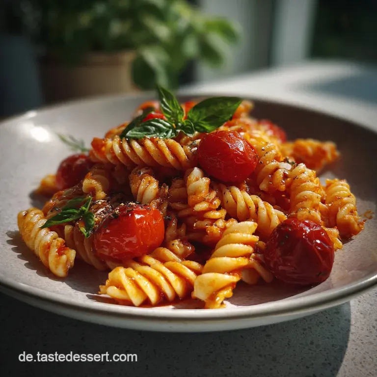 Elegant swirl of pasta and sauce, a single basil leaf atop. Warm colors and textures fill the plate, ready to be enjoyed.