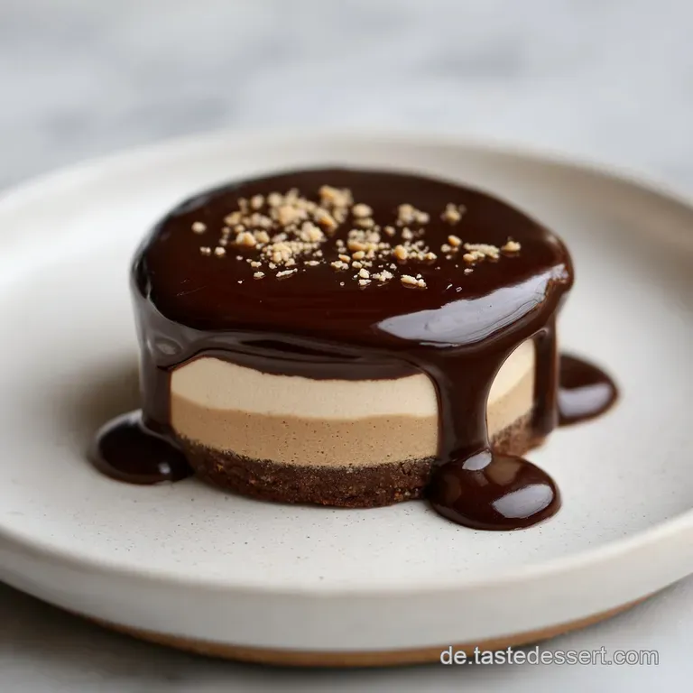 Elegant peanut butter mousse dessert: Layers of creamy filling and rich ganache topped with delicate chocolate shavings on...