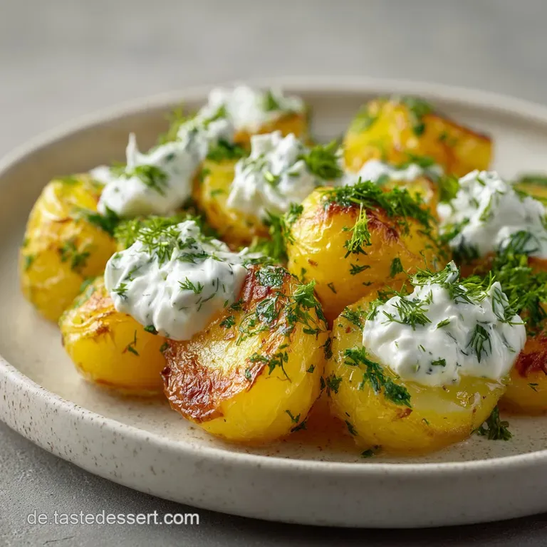 Steaming potatoes arranged artfully with a generous dollop of herbed quark, bright green dill, and a sprinkle of cracked b...
