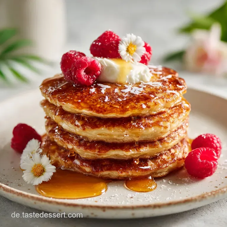 Delicate, rolled pancake filled with bright red berries and dolloped with whipped cream on a white plate, fork aside.