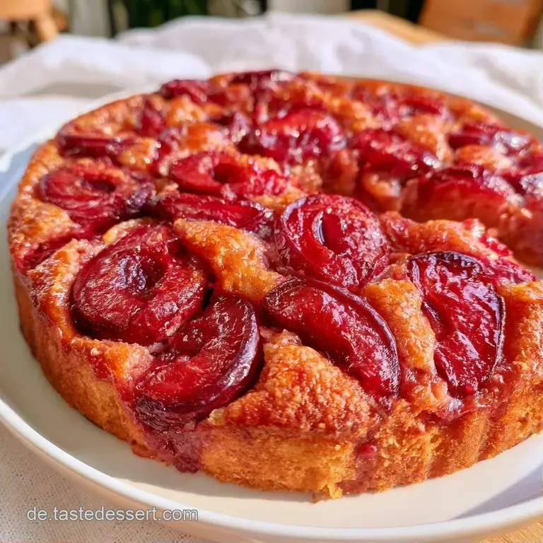 Ein warmes St&uuml;ck Pflaumenkuchen auf wei&szlig;em Porzellan, gl&auml;nzende Fruchts&auml;fte und eine frische Minzblatt-Garnitur.